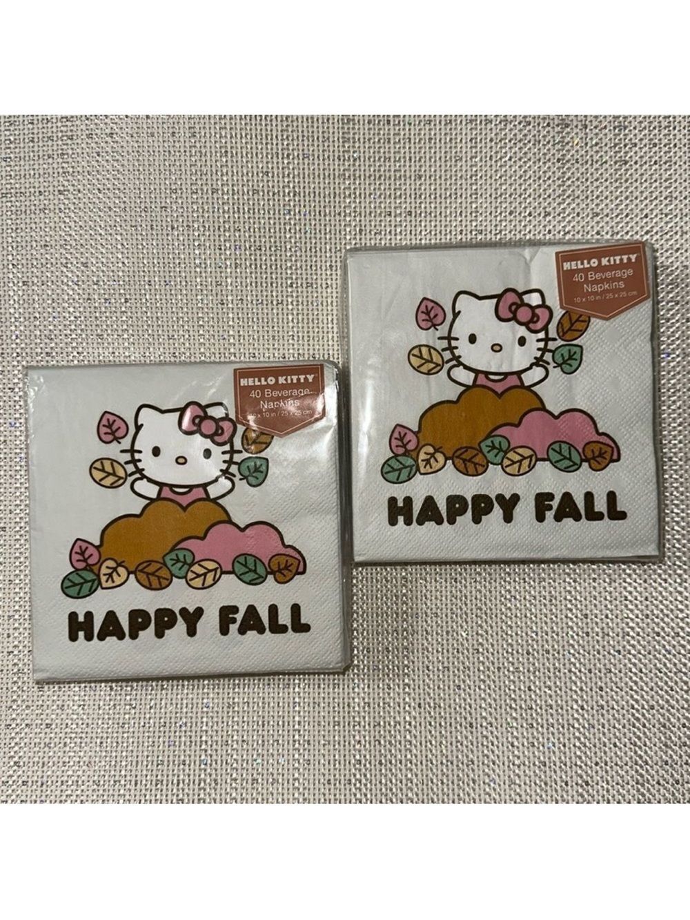 HELLO KITTY Ivory Pink White Orange Brown Happy Fall Square Beverage Napkins